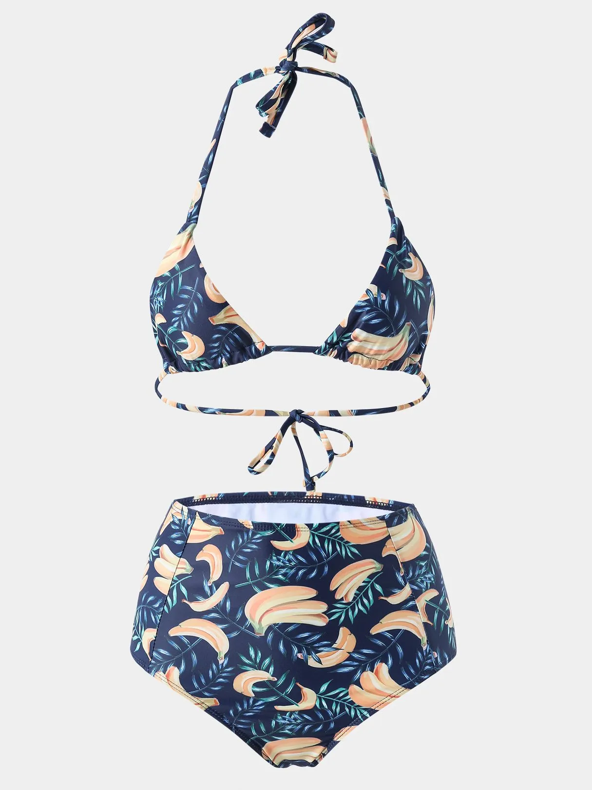 Wholesale Navy Halter Sleeveless Printed Backless Self-Tie Two Piece Bikinis