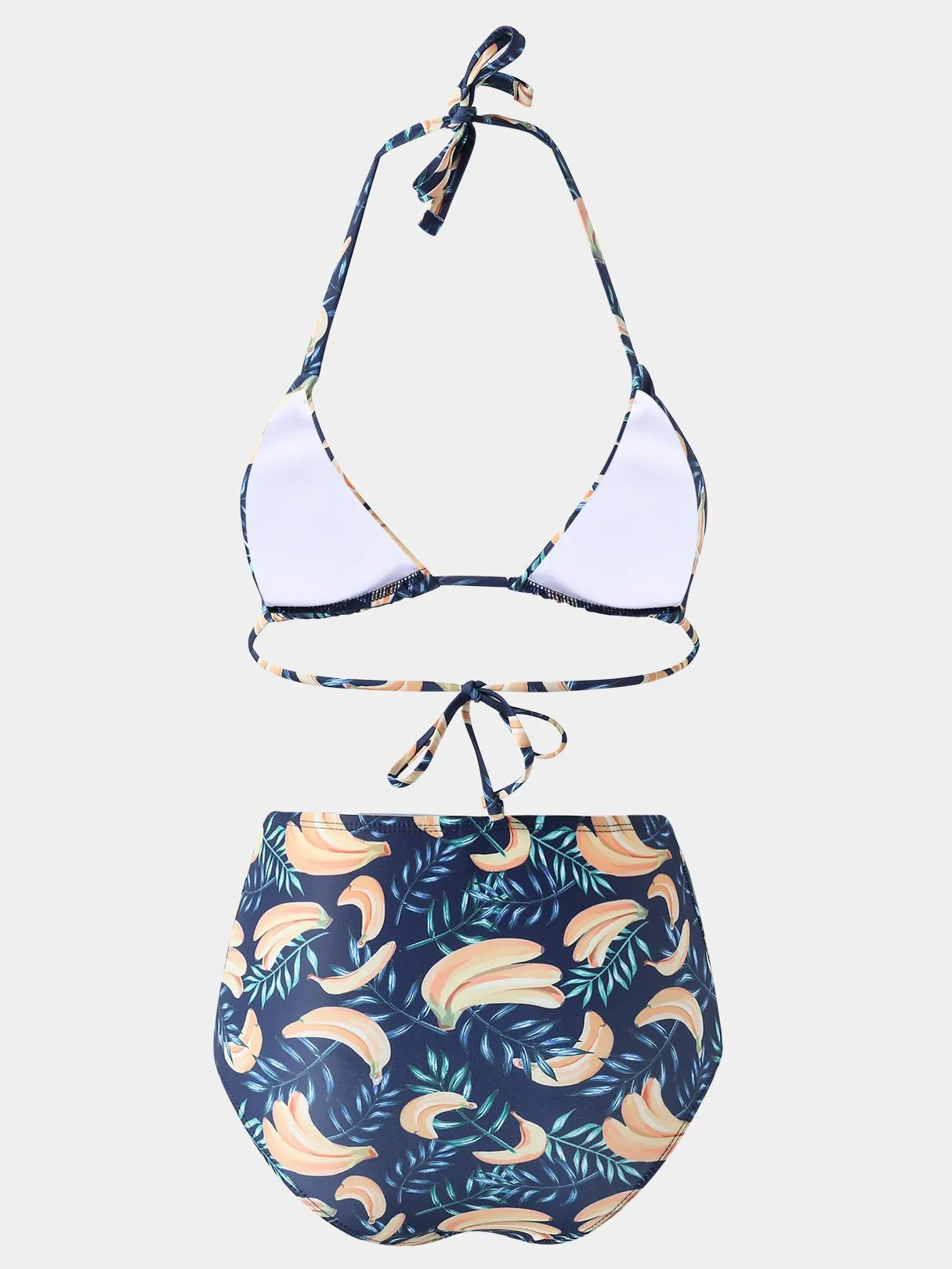 Wholesale Navy Halter Sleeveless Printed Backless Self-Tie Two Piece Bikinis