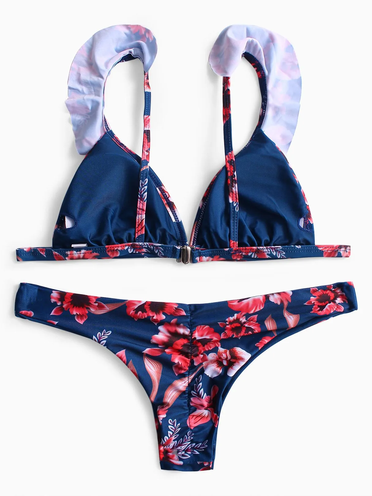 Wholesale Navy V-Neck Sleeveless Floral Print Ruffle Hem Two Piece Bikinis