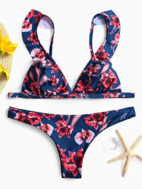 Wholesale Navy V-Neck Sleeveless Floral Print Ruffle Hem Two Piece Bikinis