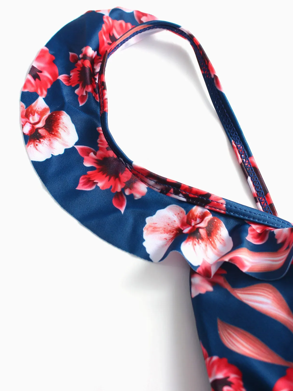 Wholesale Navy V-Neck Sleeveless Floral Print Ruffle Hem Two Piece Bikinis
