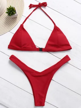 Wholesale Red V-Neck Zip Front High Waist 2 Piece Bikinis