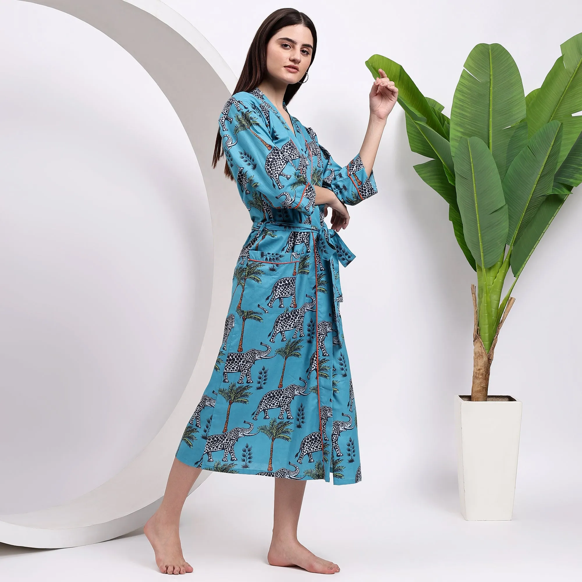 Women’s Cotton Wear: Sky Blue Kimono Robes with Elephant Print
