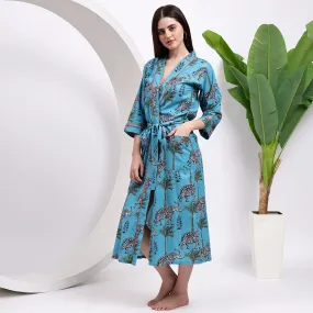 Women’s Cotton Wear: Sky Blue Kimono Robes with Elephant Print