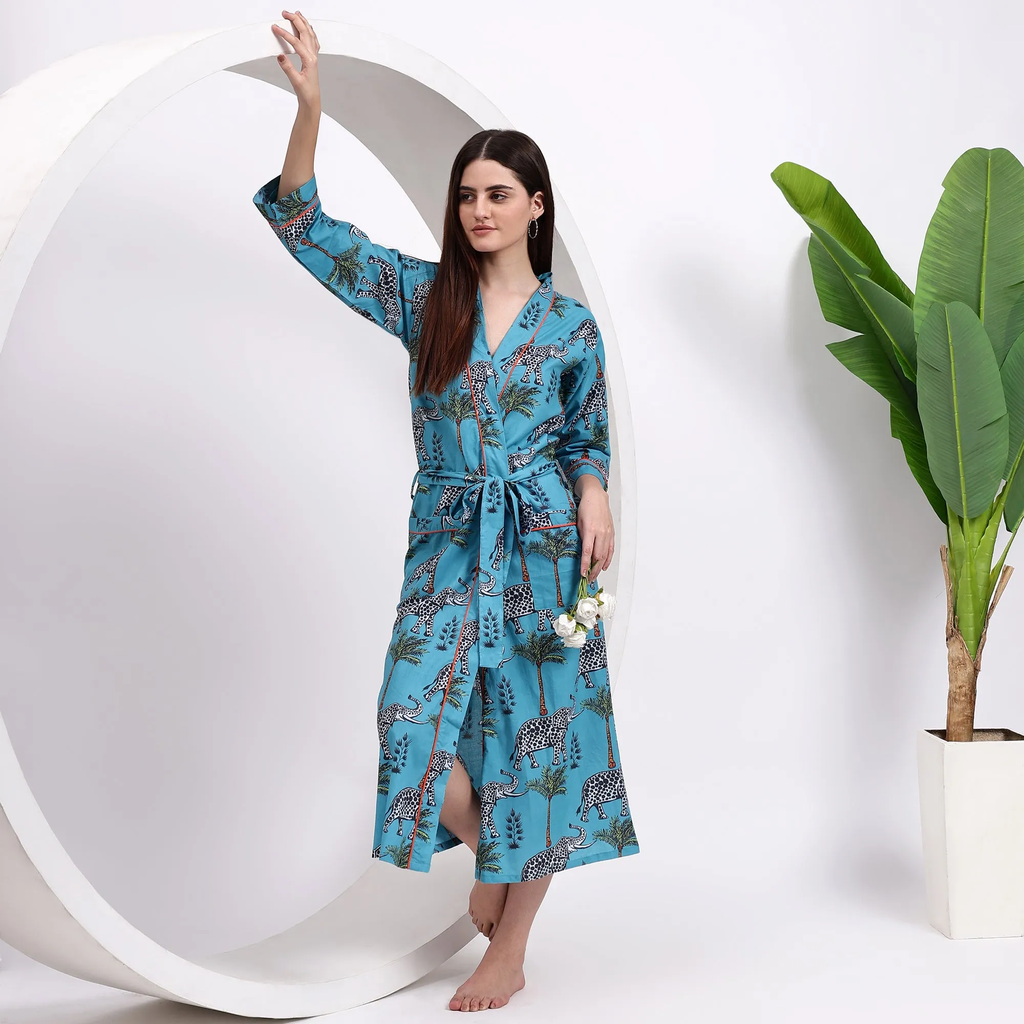 Women’s Cotton Wear: Sky Blue Kimono Robes with Elephant Print