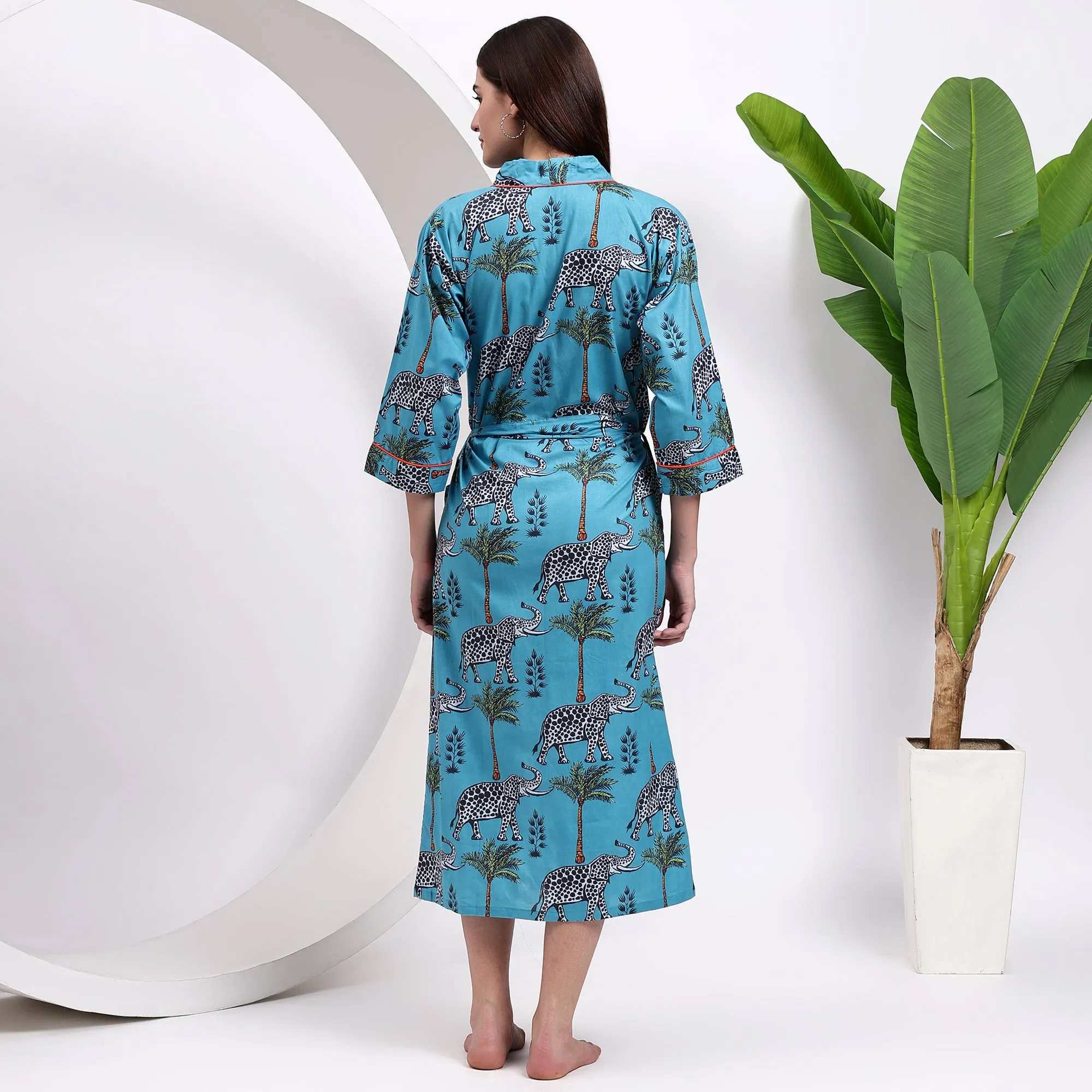 Women’s Cotton Wear: Sky Blue Kimono Robes with Elephant Print