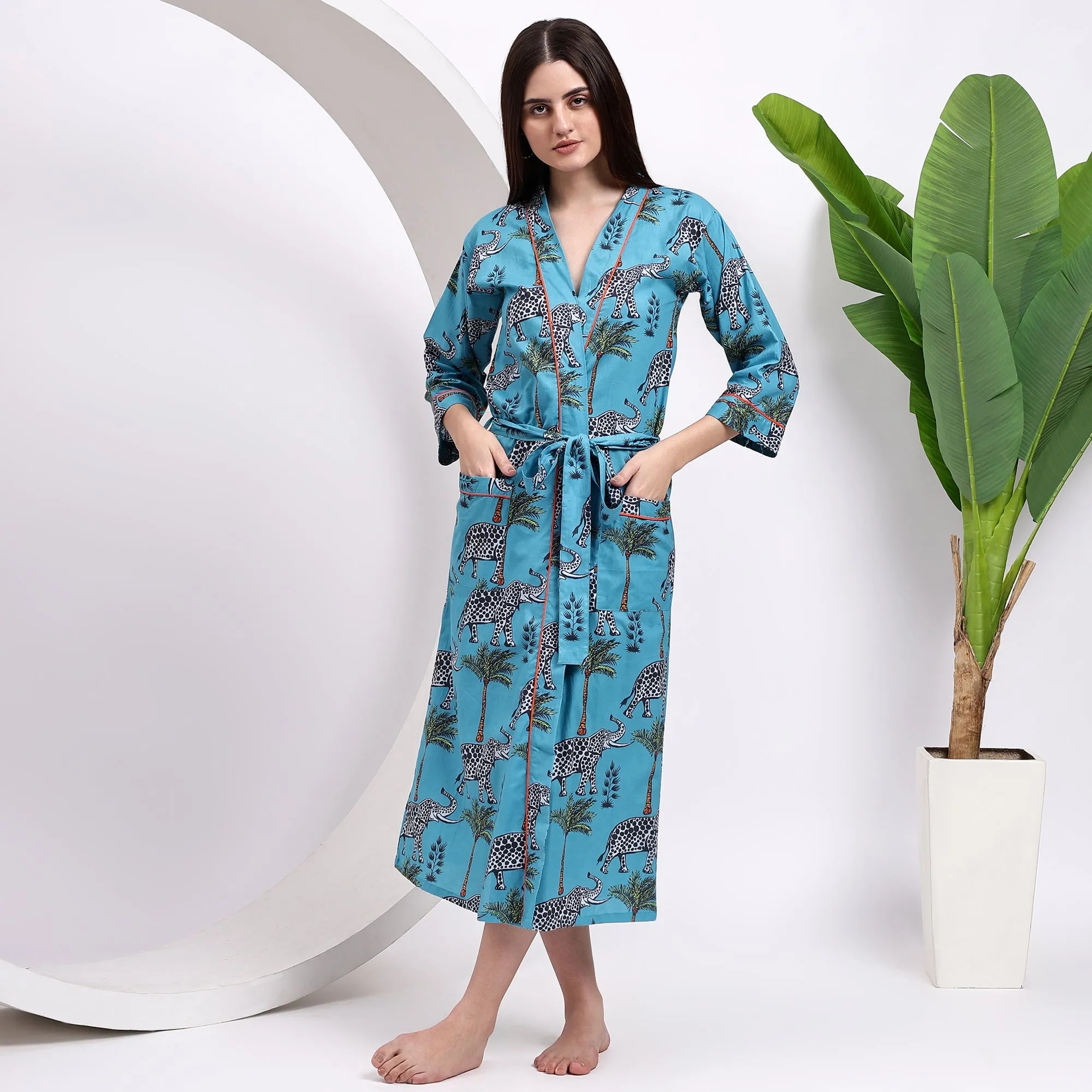 Women’s Cotton Wear: Sky Blue Kimono Robes with Elephant Print