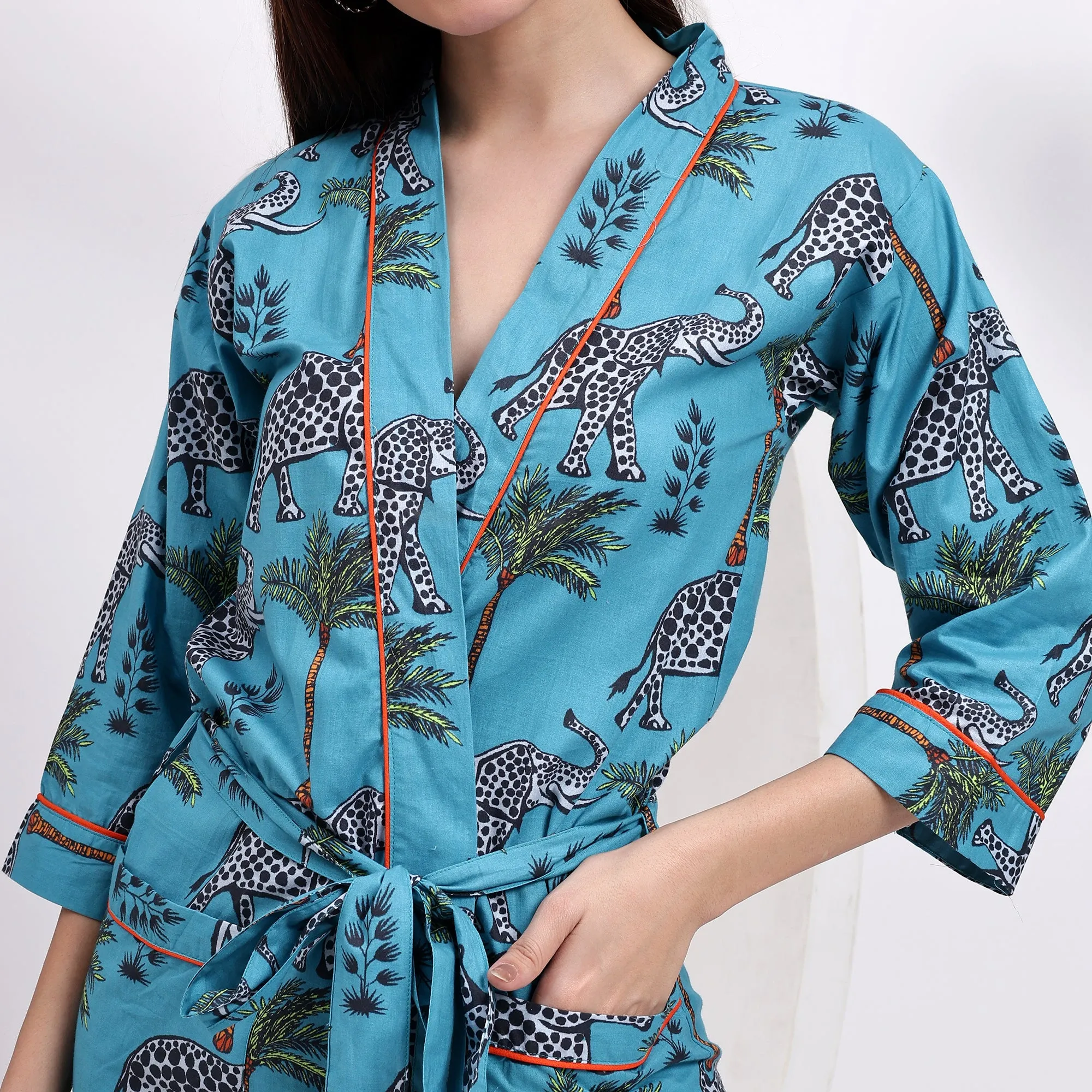 Women’s Cotton Wear: Sky Blue Kimono Robes with Elephant Print