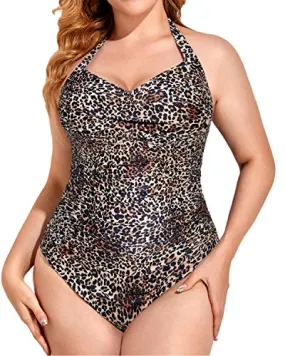 Women's Removable Padded Bra Plus Size One Piece Swimsuit-Leopard