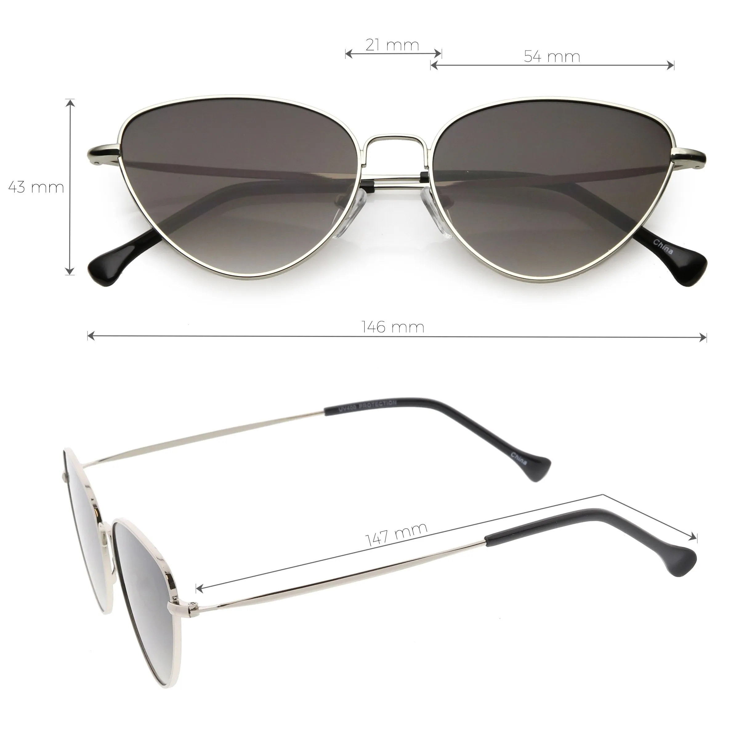 Women's Retro Slim Metal Frame Flat Lens Cat Eye Sunglasses C600