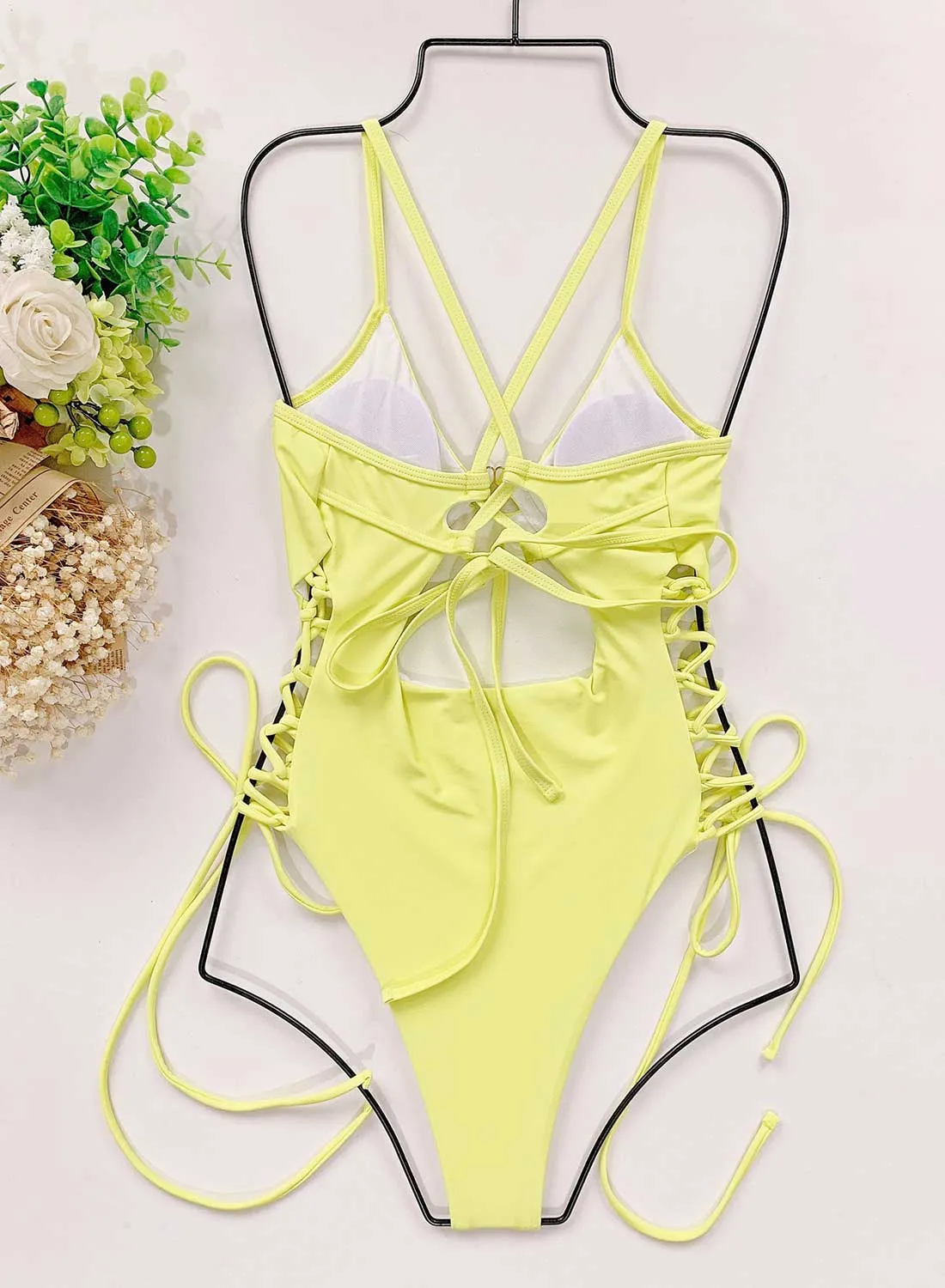 Women's Swimsuits Solid Push-up Hollow Halter Strappy One-piece Swimsuits