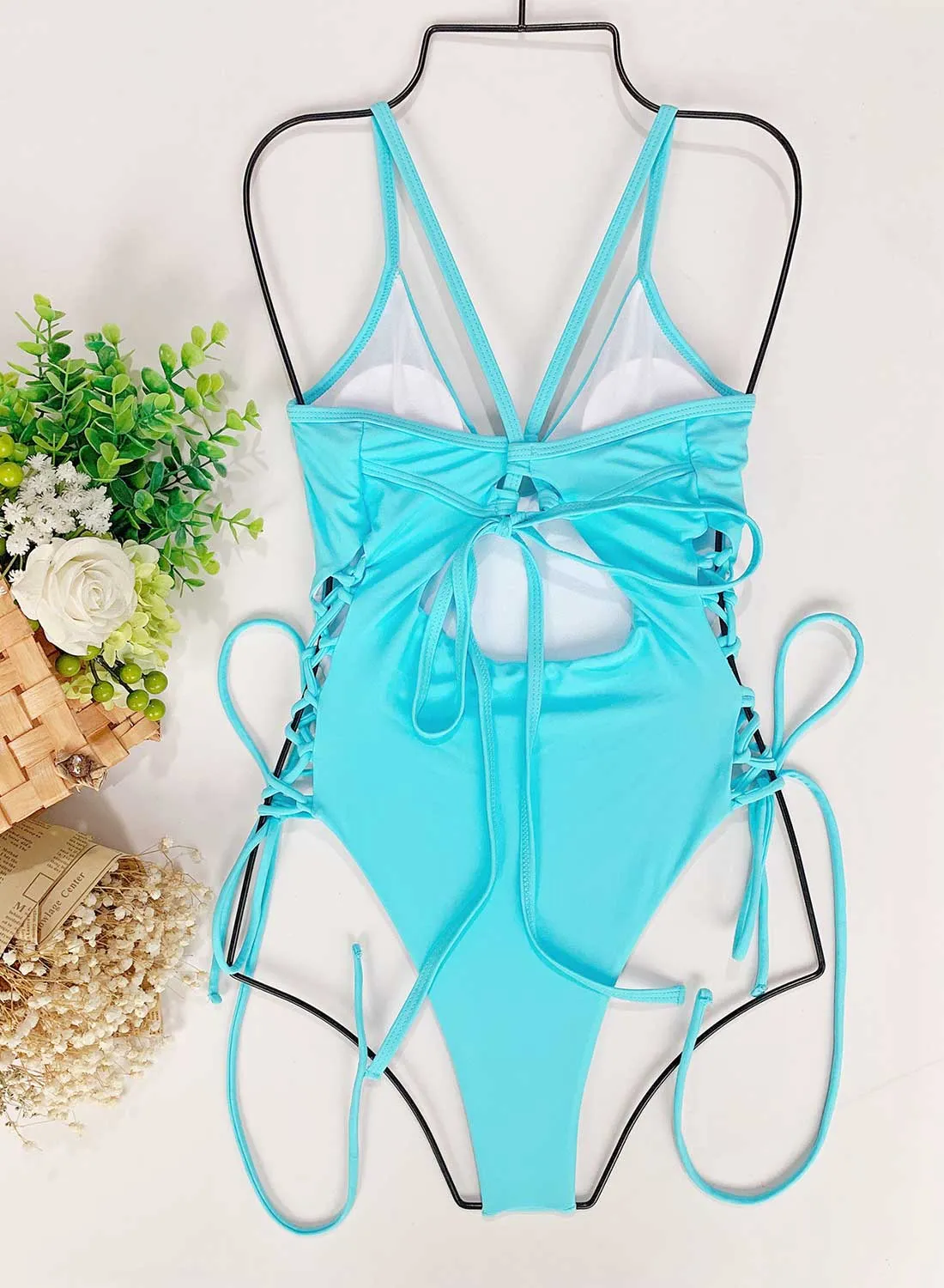 Women's Swimsuits Solid Push-up Hollow Halter Strappy One-piece Swimsuits