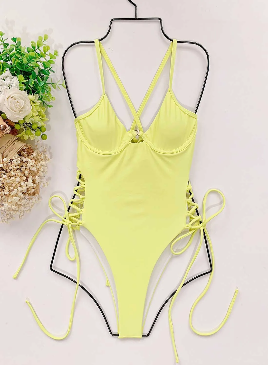 Women's Swimsuits Solid Push-up Hollow Halter Strappy One-piece Swimsuits